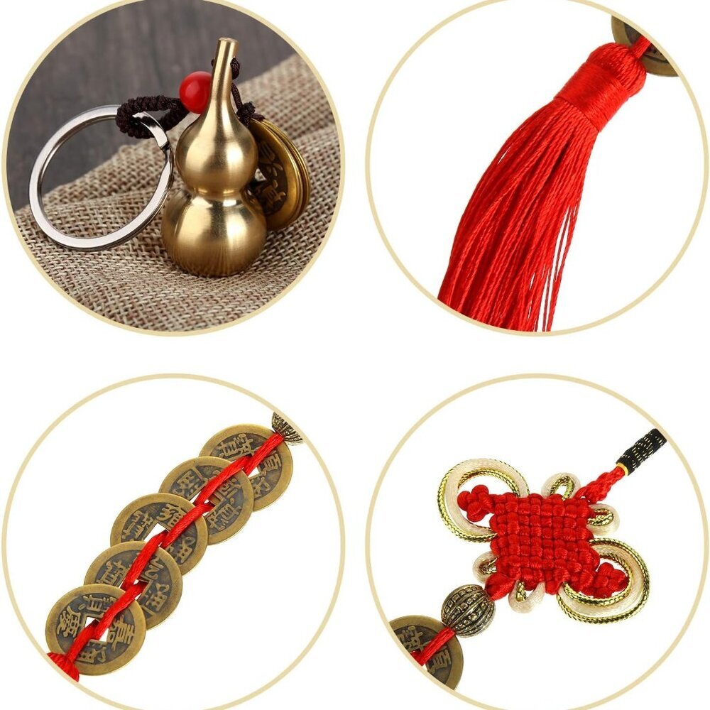 2 Pieces Chinese Coins Feng Shui and Brass Wu Lou Health Amulet Gourd Keychain C - Picture 5 of 7